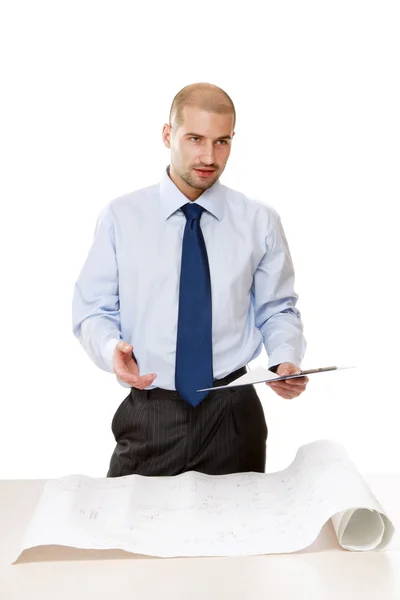 Businessman with document on the desk is talking — Stock Photo, Image