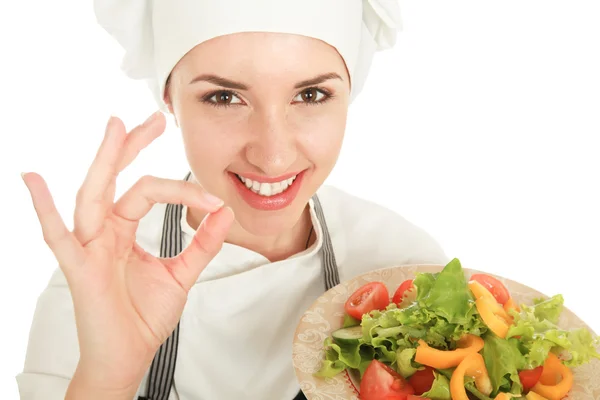 Attractive cook woman showing ok — Stock Photo, Image