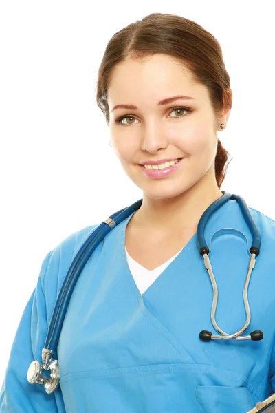 Um retrato de uma médica de uniforme com um estetoscópio — Fotografia de Stock