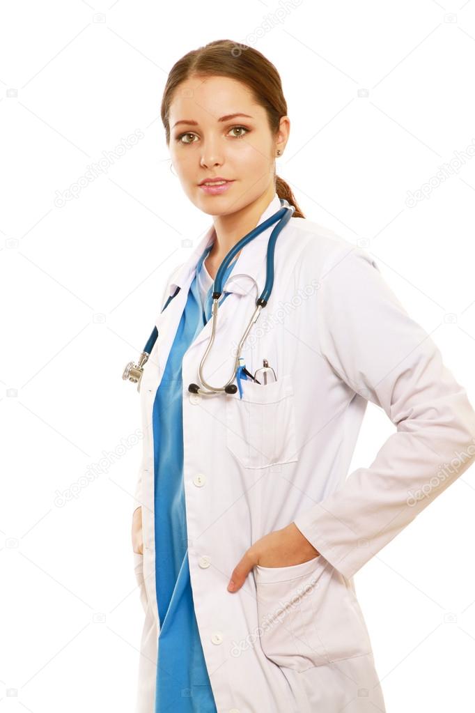 A portrait of a female doctor in uniform on white