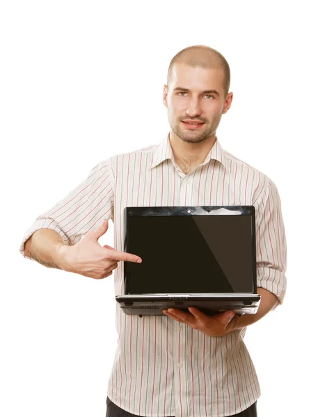 Человек, указывающий на пустой экран компьютера — стоковое фото