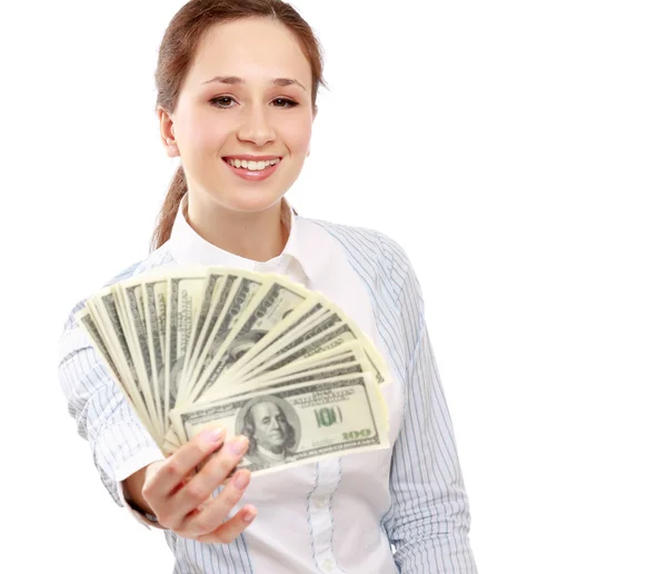 Mladá žena hospodářství peníze — Stock fotografie