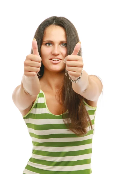 Beautiful and happy young girl with thumbs up — Stock Photo, Image