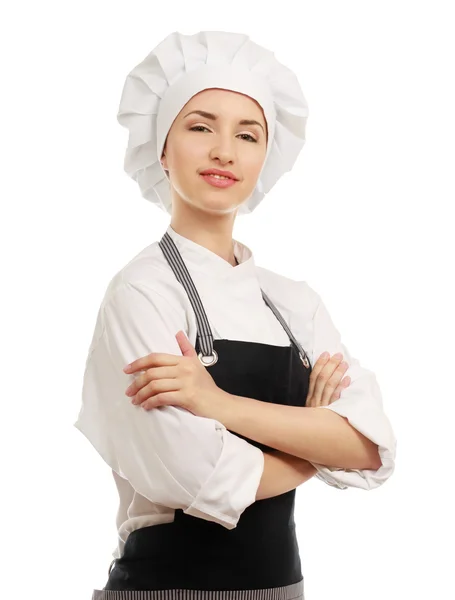 Приваблива кухарка на білому тлі — стокове фото