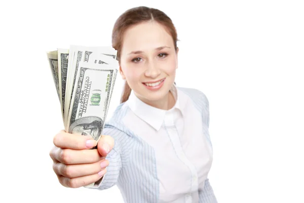 Una giovane donna in possesso di denaro — Foto Stock