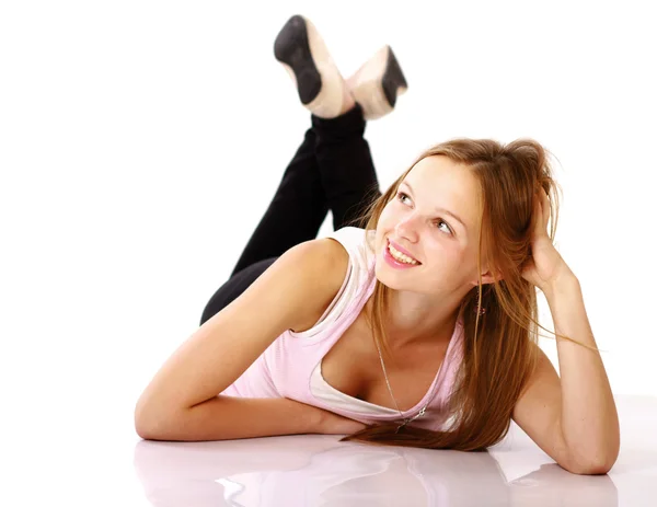 Portrait of casual young girl laying — Stock Photo, Image