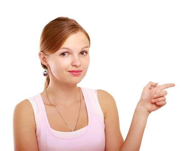 Nice young woman pointing — Stock Photo, Image