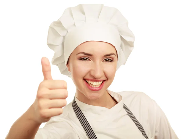 Attractive cook woman showing ok — Stock Photo, Image