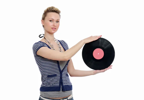 Snygg ung kvinna med vinyl skiva — Stockfoto