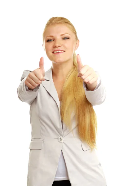 Lächelnde Geschäftsfrau im weißen Anzug — Stockfoto