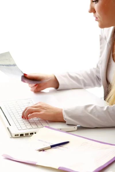 Young businesswoman in white suit — Stock Photo, Image