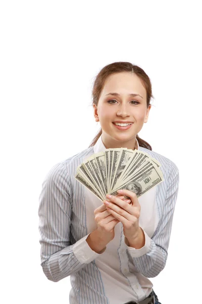 A young woman holding money — Stock Photo, Image