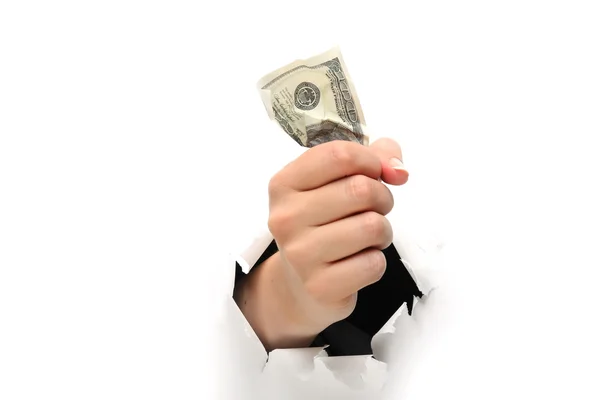 Hand with a crumpled bank-note — Stock Photo, Image