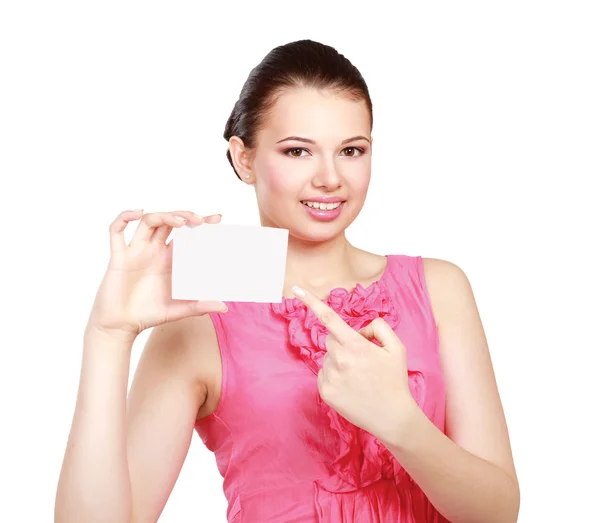 Una mujer sonriente con un espacio en blanco — Foto de Stock