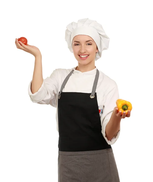 Femme cuisinière attrayante avec des légumes — Photo
