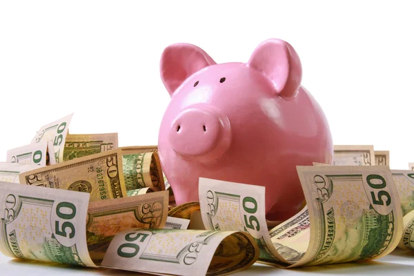 Piggy bank op dollar — Stockfoto