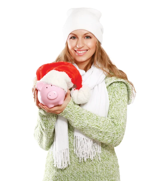 Jonge mooie vrouw met piggy bank — Stockfoto