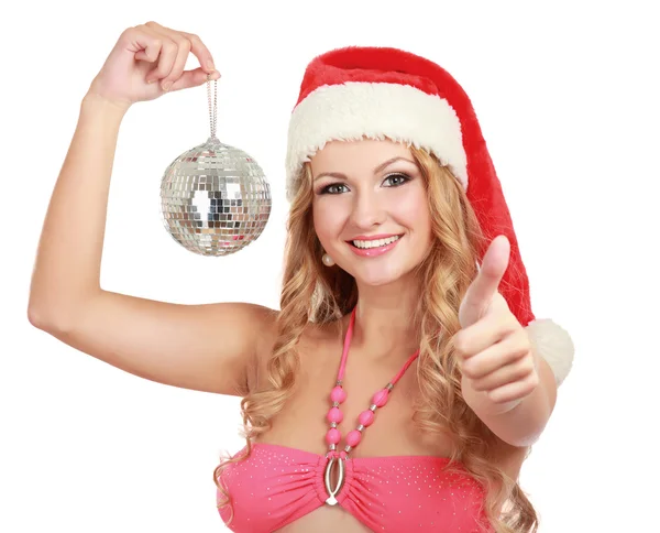 Santa dziewczyna trzyma piłkę Bożego Narodzenia — Zdjęcie stockowe