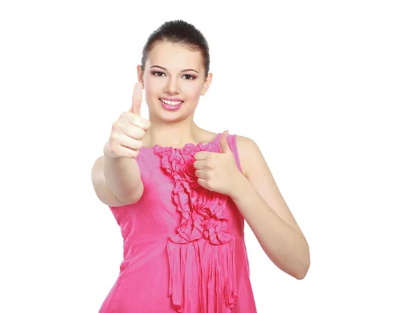 A young woman showing ok, isolated on white background . — стоковое фото