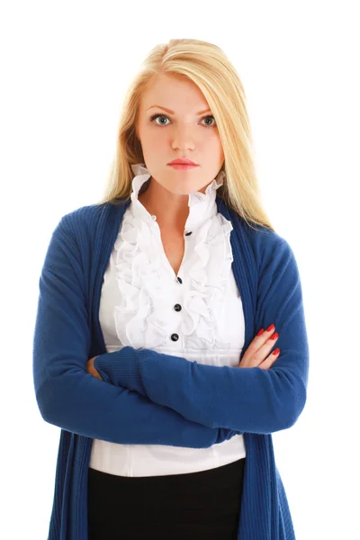 Portret van prachtige zakelijke vrouw die lacht op witte achtergrond. — Stockfoto