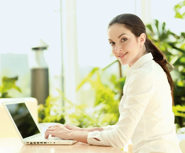 Iş kadını iş üstünde laptop. — Stok fotoğraf