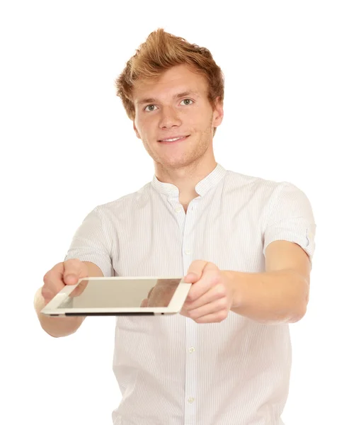 Businessman holding computer plane-table — Stock Photo, Image