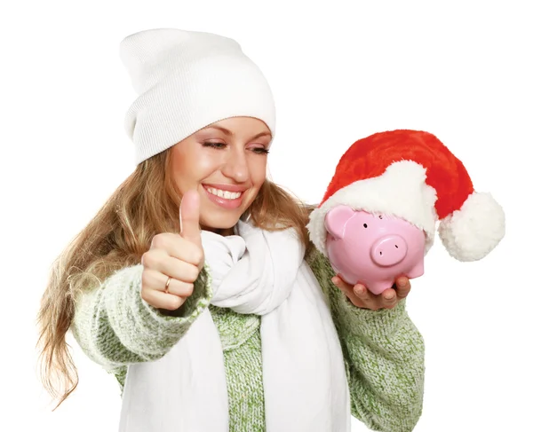 Jonge mooie vrouw met piggy bank — Stockfoto