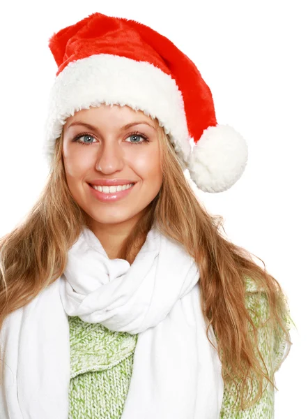 Retrato de uma mulher bonita usando um chapéu de Papai Noel — Fotografia de Stock