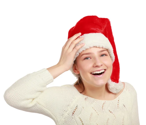 Portrait d'une belle femme portant un chapeau de Père Noël — Photo