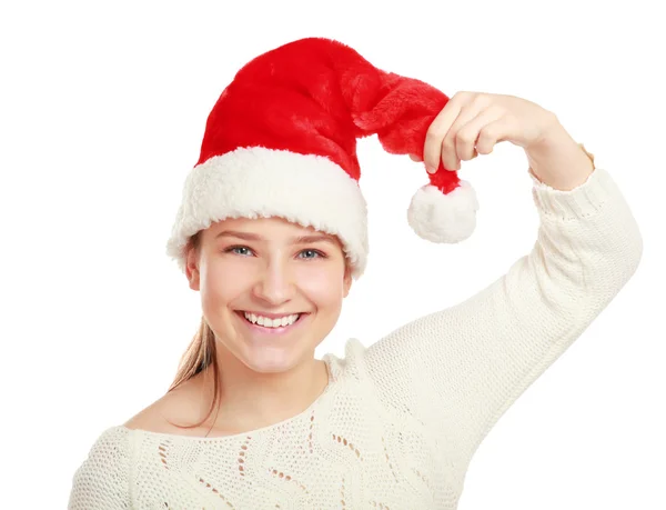 Portrait d'une belle femme portant un chapeau de Père Noël — Photo