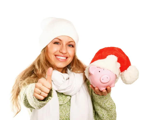 Young beautiful woman with piggy bank — Stock Photo, Image