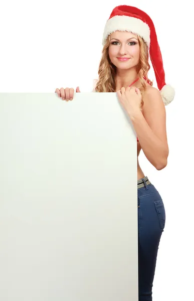 Bella donna di Natale in cappello di Babbo Natale — Foto Stock