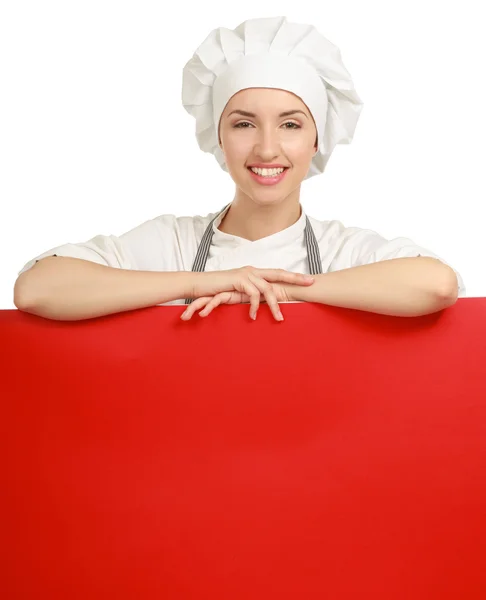 Woman cook or baker over paper sign billboard. — Stock Photo, Image