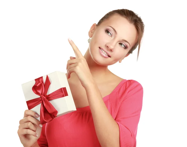 Woman holding gift box — Stock Photo, Image