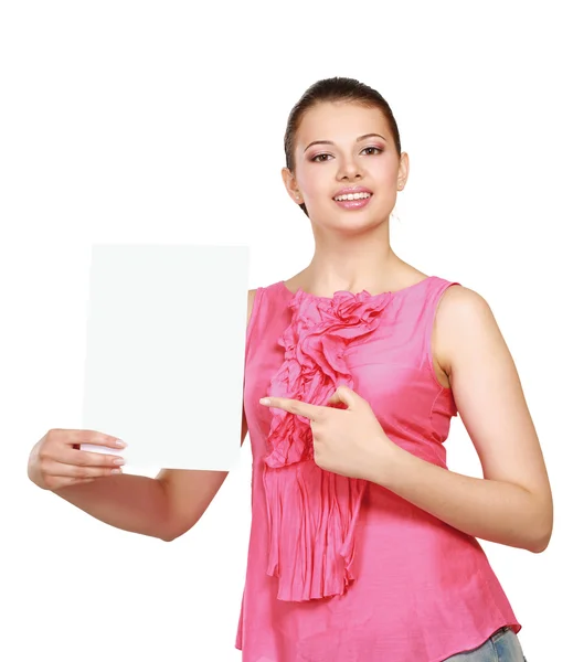 Una mujer sonriente con un espacio en blanco — Foto de Stock