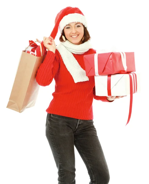 Sorridente ragazza a Babbo Natale cappello — Foto Stock