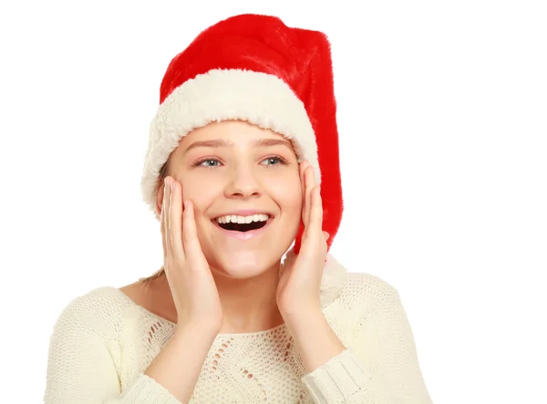 Mulher usando um chapéu de Pai Natal — Fotografia de Stock