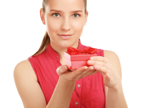 Woman holding gift box — Stock Photo, Image