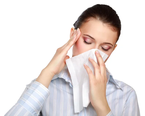 Sick woman blowing her nose — Stock Photo, Image