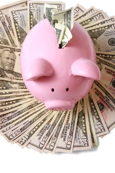 Piggy bank op dollar — Stockfoto