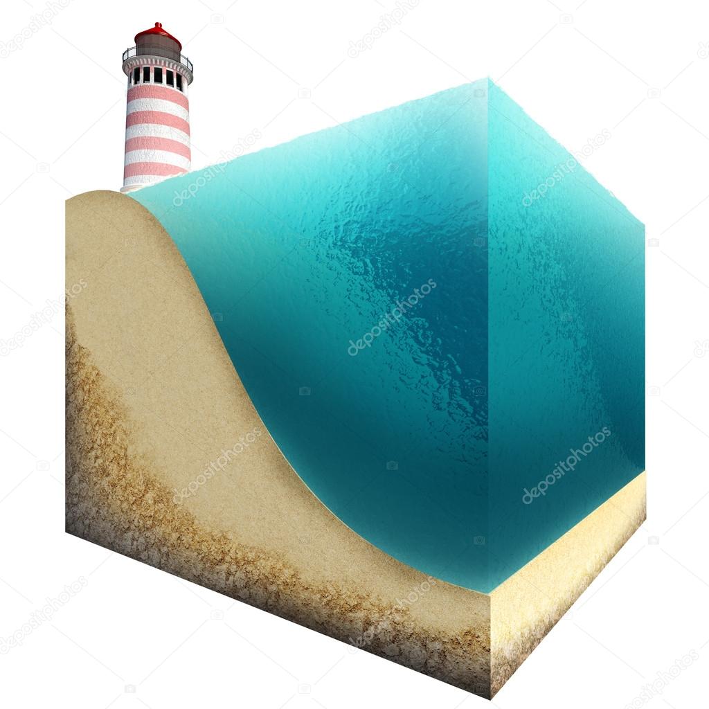 Cube beach with a lighthouse