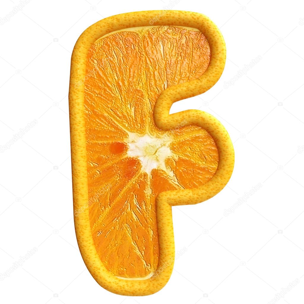 Orange fruit alphabet on white background.