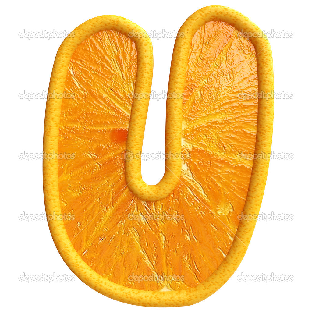 Orange fruit alphabet on white background.