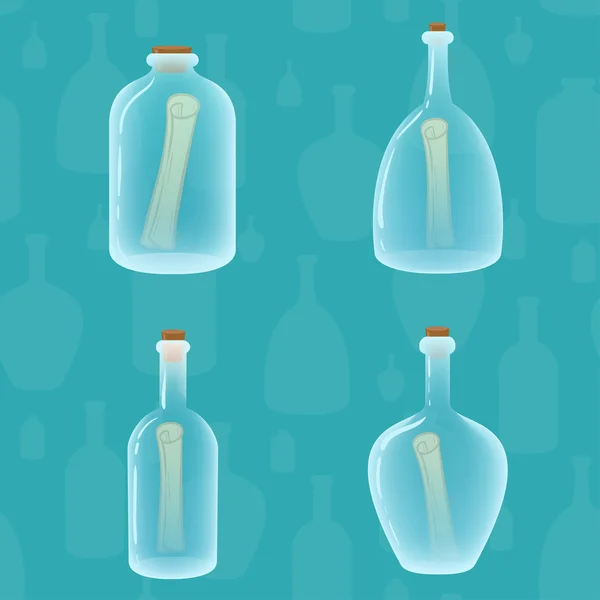 Kreslený skleněných lahví různých tvarů písmen s papírem uvnitř — Stockový vektor