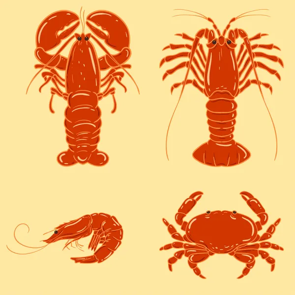 Cartoon seafood object: shrimp, crab, lobster, crayfish — Stock Vector