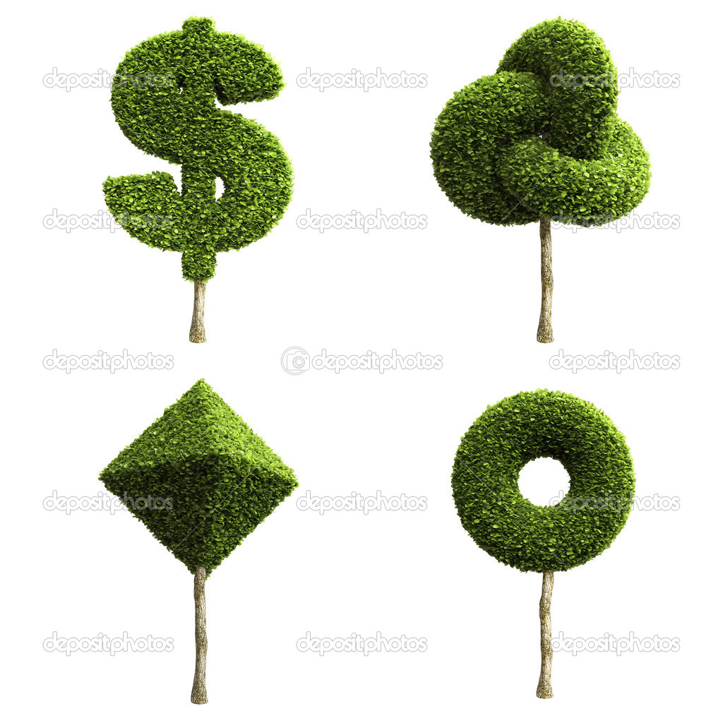 Green decorative shrubs or trees of different shapes isolated on a white background