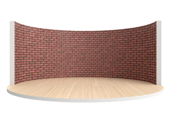 Pusty etapie lub okrągły pokój z drewnianą podłogą i czerwony mur z cegły — Zdjęcie stockowe