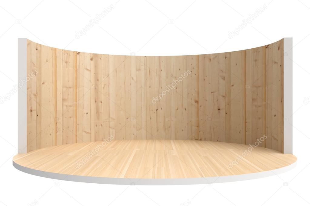 Empty stage or round room with wooden floor and wooden wall
