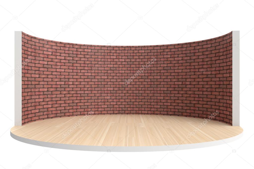 Empty stage or round room with wooden floor and red brick wall