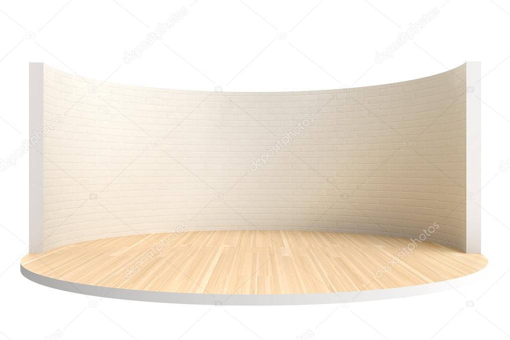 Empty stage or round room with wooden floor and white brick wall